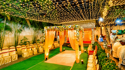 Festive wedding reception under glowing lights