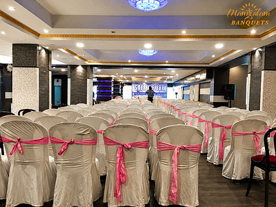 Elegant banquet hall with sparkling chandeliers