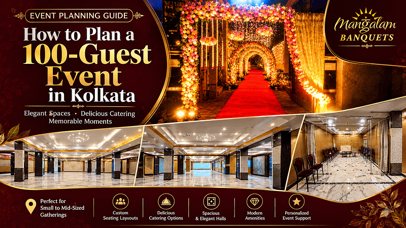 100-guest event planning in Kolkata at Mangalam Banquets with elegant banquet halls and floral event entrance
