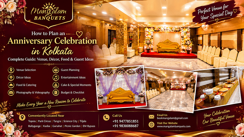 Anniversary celebration venue in Kolkata with elegant banquet hall décor, floral stage and seating at Mangalam Banquets