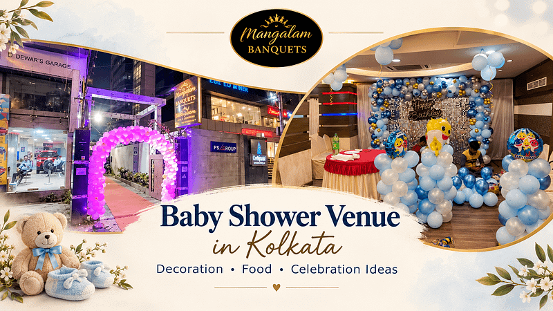 Baby shower venue in Kolkata at Mangalam Banquets with blue and white balloon decoration, festive indoor setup and illuminated entrance.