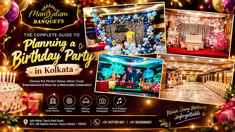 Birthday party venue in Kolkata with colourful décor, elegant banquet hall setup and celebration at Mangalam Banquets