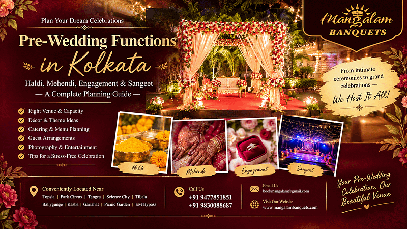 Pre-wedding functions in Kolkata featuring Haldi, Mehendi, Engagement and Sangeet celebrations at Mangalam Banquets