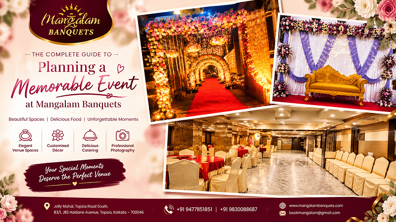 Planning a memorable event at Mangalam Banquets in Kolkata with elegant banquet hall décor and floral wedding entrance