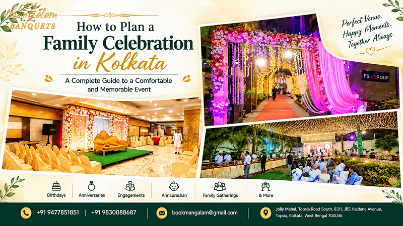 Family celebration venue in Kolkata featuring an elegant banquet hall, floral entrance decoration and a beautifully illuminated open-air lawn at Mangalam Banquets, Topsia.