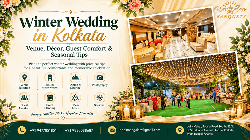 Winter wedding venue in Kolkata featuring an elegant indoor banquet hall and an open-air lawn illuminated with decorative lights at Mangalam Banquets, Topsia.