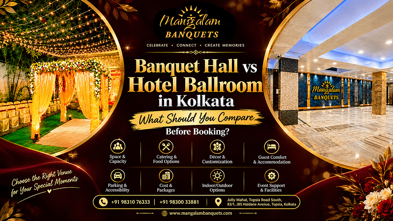 Banquet hall vs hotel ballroom in Kolkata comparison featuring indoor and outdoor event venues at Mangalam Banquets