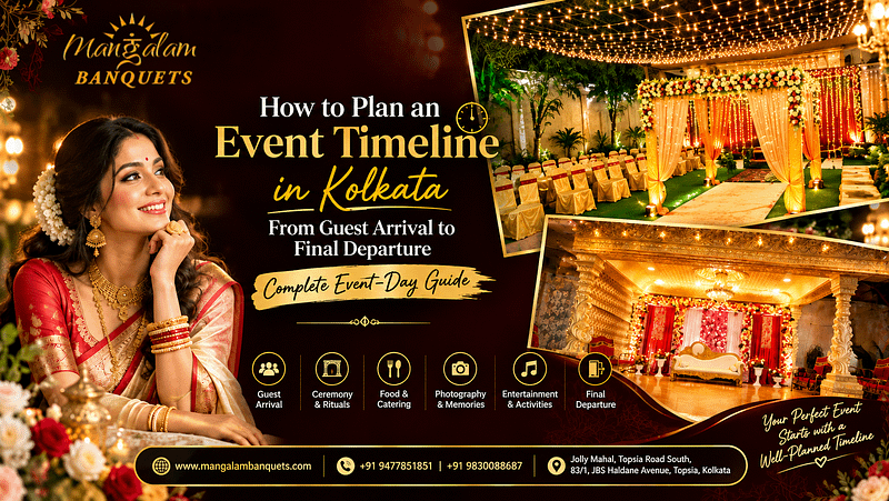 Event timeline planning in Kolkata with wedding venue setup, guest arrival, catering, photography and event-day planning at Mangalam Banquets