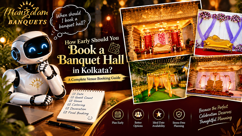 How early to book a banquet hall in Kolkata, featuring elegant event venue setups and event planning at Mangalam Banquets