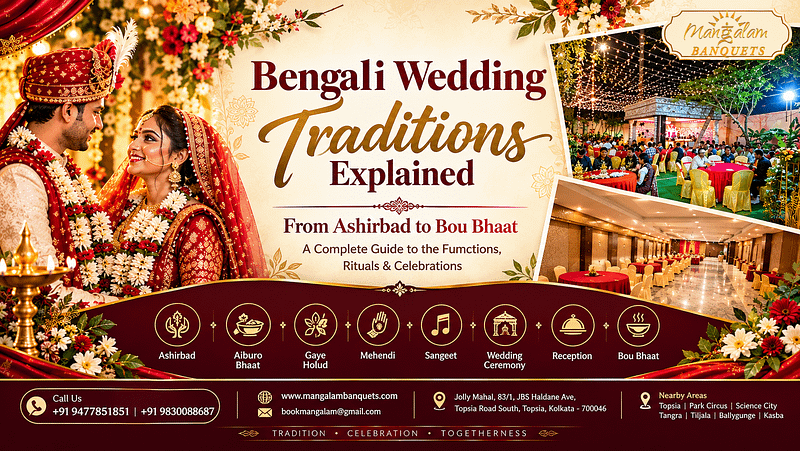 Bengali wedding traditions explained from Ashirbad to Bou Bhaat with wedding celebrations and venue setups at Mangalam Banquets Kolkata