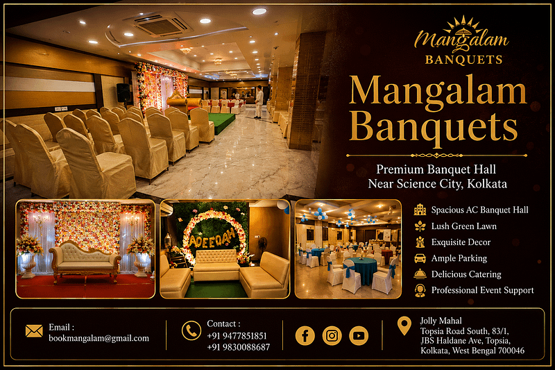 Mangalam Banquets premium banquet hall near Science City, Kolkata featuring elegant wedding stage, spacious AC banquet hall, and event venue for weddings, receptions, birthdays, corporate meetings, training, seminars, and social celebrations.