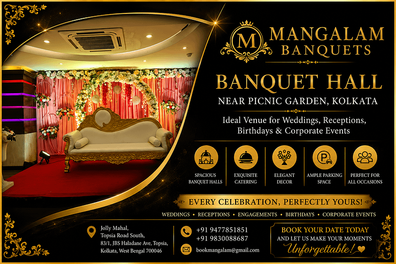 Banquet hall in Park Circus Kolkata with elegant floral stage decoration, royal wedding seating, and premium event space for weddings, receptions, engagements, birthdays, and corporate events.