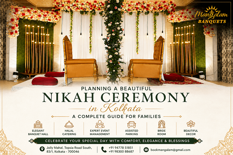 Beautifully decorated Nikah stage at Mangalam Banquets in Kolkata featuring elegant floral décor, premium seating, warm lighting, and a luxurious Muslim wedding setup.