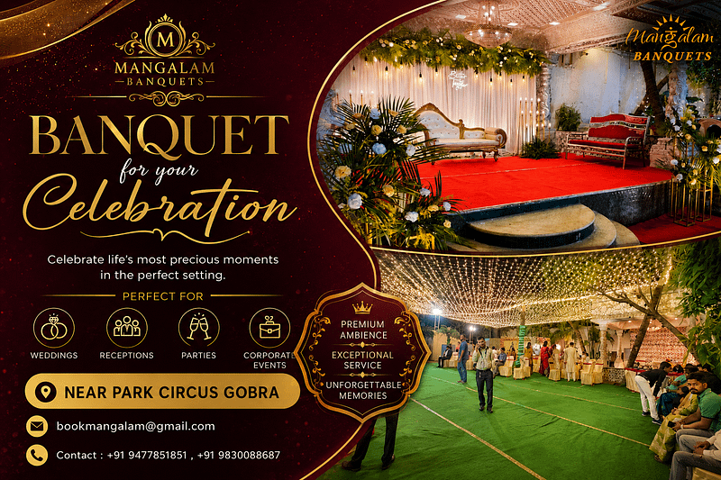 Beautiful open air lawn wedding venue at Mangalam Banquets in Kolkata featuring elegant outdoor stage décor, lush greenery, decorative lighting, and a spacious banquet lawn for weddings and receptions.