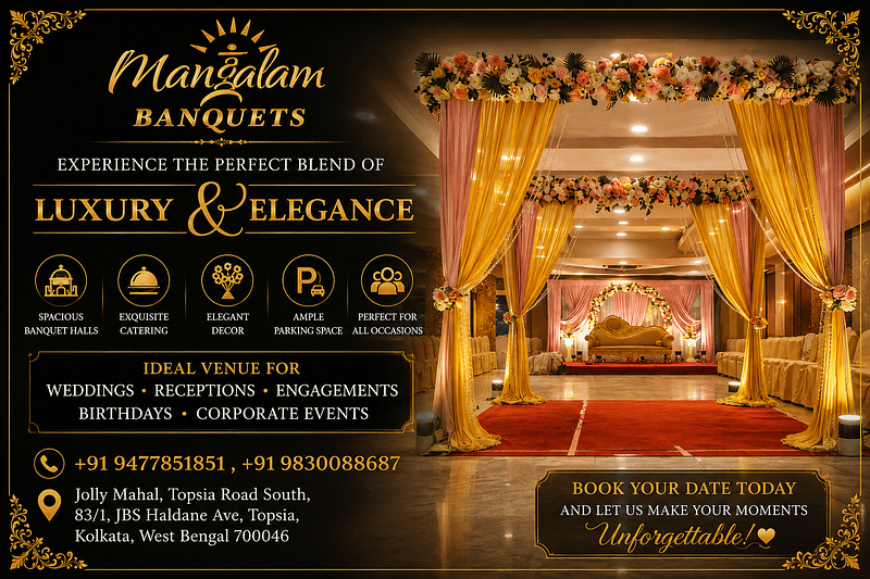 Luxury banquet hall in Kolkata with elegant wedding reception setup at Mangalam Banquets near Science City and Topsia