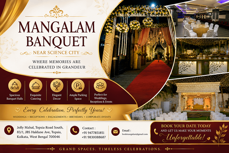 Mangalam Banquet near Science City Kolkata featuring elegant wedding décor, spacious banquet hall, outdoor event venue, catering services, and premium celebration spaces