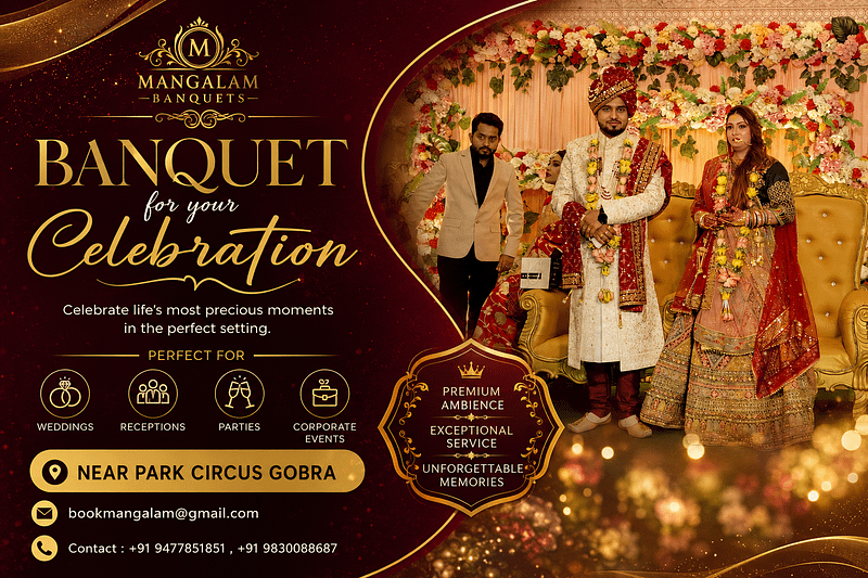 Luxury wedding celebration at Mangalam Banquets Kolkata near Park Circus with elegant stage decoration and premium banquet ambience