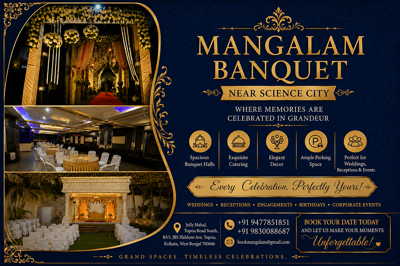 Wedding Reception Venue in Kolkata at Mangalam Banquets with elegant stage decoration and guest seating