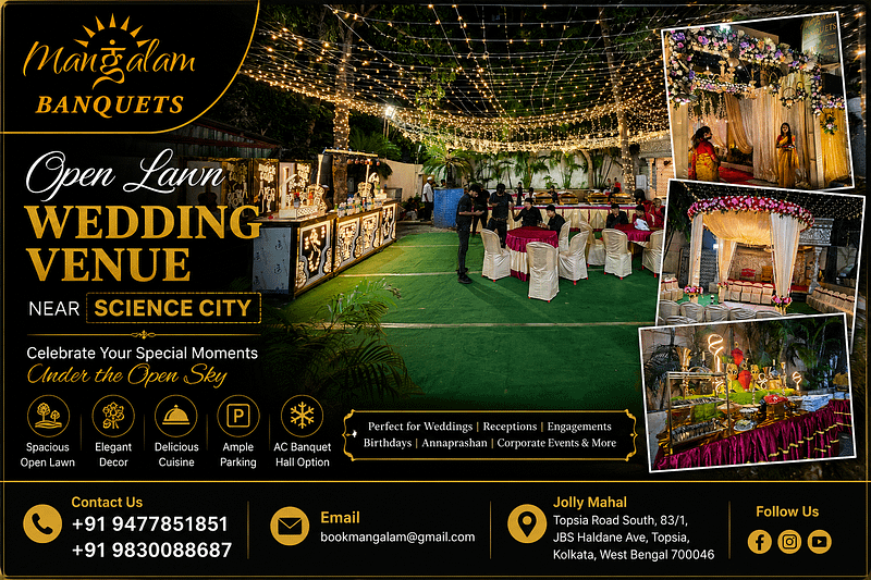 Beautiful open lawn wedding venue at Mangalam Banquets in Kolkata with floral stage decoration, outdoor seating and decorative lights.