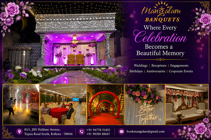 Elegant wedding reception setup at Mangalam Banquets in Kolkata