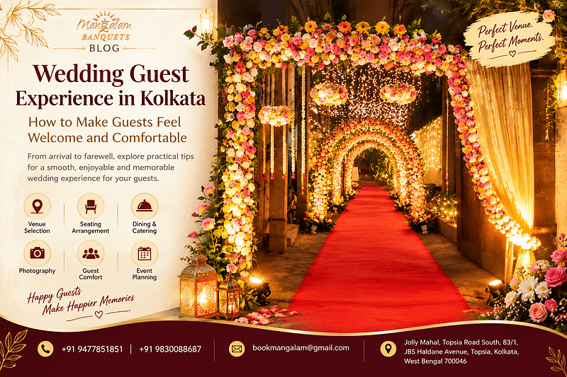 Wedding guest experience in Kolkata featuring a beautifully decorated floral entrance, illuminated arches and a red-carpet walkway at Mangalam Banquets.
