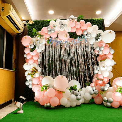 Birthday party balloon arch backdrop