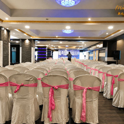 Elegant banquet hall with sparkling chandeliers