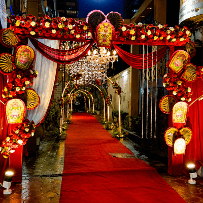 Festive entrance to Mangalam Banquets