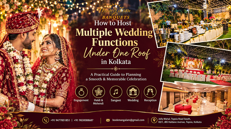 Multiple wedding functions under one roof in Kolkata featuring engagement, Haldi, Mehendi, Sangeet, wedding and reception setups at Mangalam Banquets